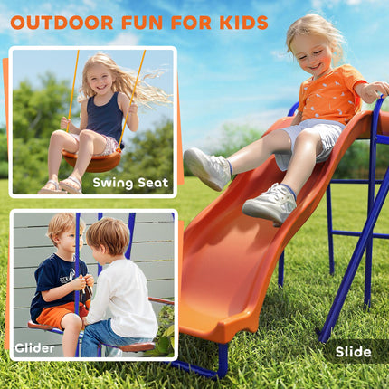 4 in 1 Metal Garden Swing Set with Double Swings and Slide - Orange