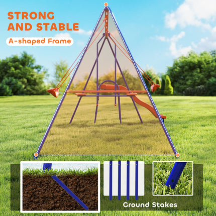 4 in 1 Metal Garden Swing Set with Double Swings and Slide - Orange