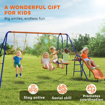 4 in 1 Metal Garden Swing Set with Double Swings and Slide - Orange