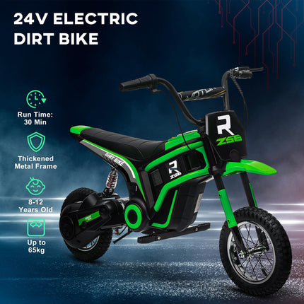 24V Electric Dirt Bike with Twist Grip Throttle, Music Horn & 12" Pneumatic Tyres - Green