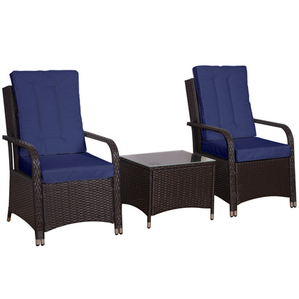 3-Piece Rattan Bistro Set with Glass Top Table, Cushions & Cover for Outdoor Patio Balcony - Dark Blue