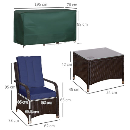 3-Piece Rattan Bistro Set with Glass Top Table, Cushions & Cover for Outdoor Patio Balcony - Dark Blue