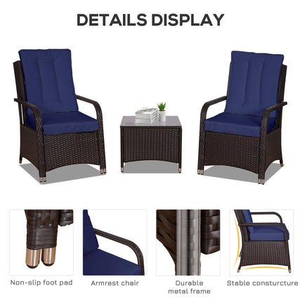 3-Piece Rattan Bistro Set with Glass Top Table, Cushions & Cover for Outdoor Patio Balcony - Dark Blue