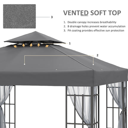 3 Metre Patio Gazebo with Mosquito Netting and Steel Frame - Grey