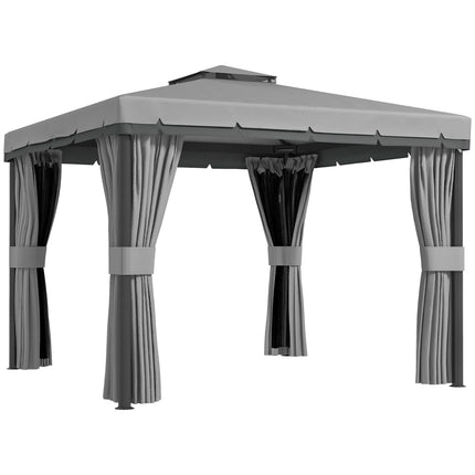 3 x 3m Patio Gazebo Canopy with 2 Tier Roof, Netting & Curtains - Light Grey