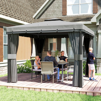 3 x 3m Patio Gazebo Canopy with 2 Tier Roof, Netting & Curtains - Light Grey
