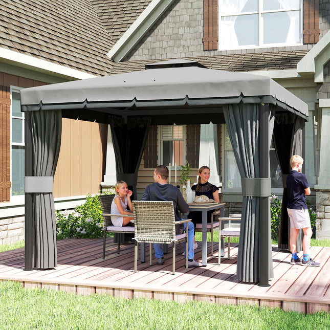 3 x 3m Patio Gazebo Canopy with 2 Tier Roof, Netting & Curtains - Light Grey