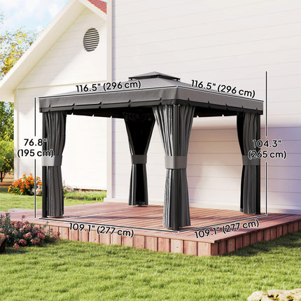 3 x 3m Patio Gazebo Canopy with 2 Tier Roof, Netting & Curtains - Light Grey