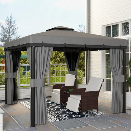 3 x 3m Patio Gazebo Canopy with 2 Tier Roof, Netting & Curtains - Light Grey