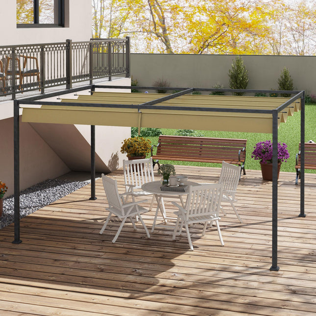 3x2m Metal Pergola with Retractable Roof Garden Gazebo Canopy Shelter - Khaki