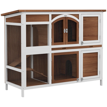 Two-Tier Wooden Pet Hutch with Openable Roof and Slide-Out Tray - Brown Black White