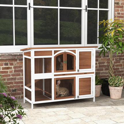 Two-Tier Wooden Pet Hutch with Openable Roof and Slide-Out Tray - Brown Black White