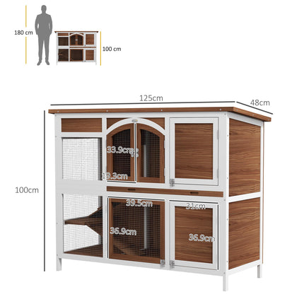 Two-Tier Wooden Pet Hutch with Openable Roof and Slide-Out Tray - Brown Black White