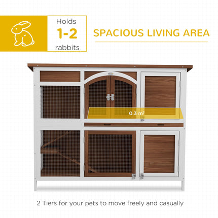 Two-Tier Wooden Pet Hutch with Openable Roof and Slide-Out Tray - Brown Black White