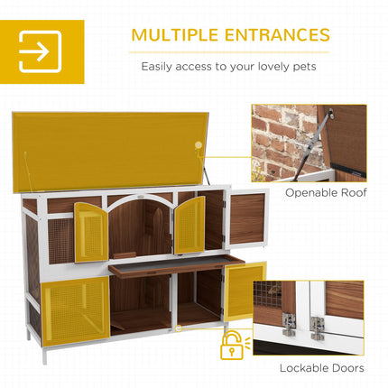 Two-Tier Wooden Pet Hutch with Openable Roof and Slide-Out Tray - Brown Black White