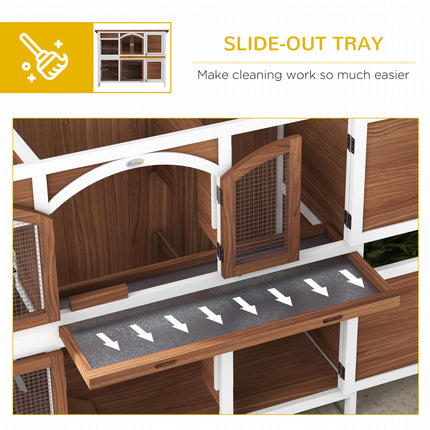 Two-Tier Wooden Pet Hutch with Openable Roof and Slide-Out Tray - Brown Black White