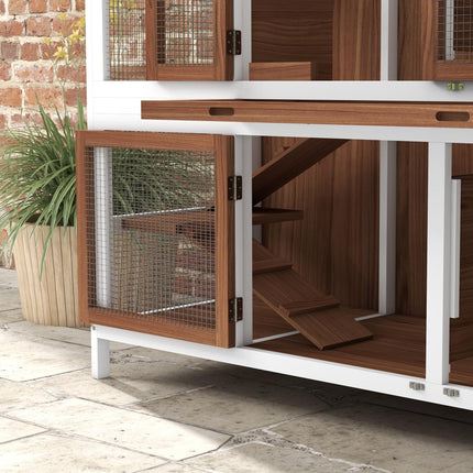 Two-Tier Wooden Pet Hutch with Openable Roof and Slide-Out Tray - Brown Black White