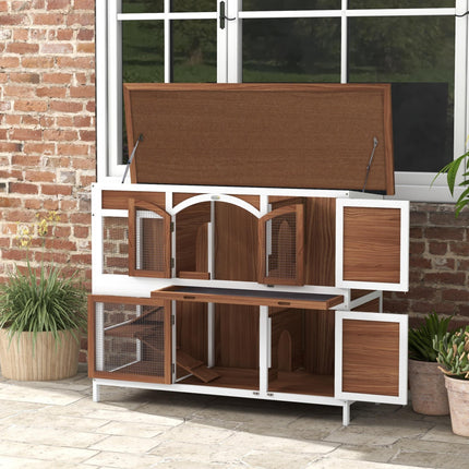 Two-Tier Wooden Pet Hutch with Openable Roof and Slide-Out Tray - Brown Black White