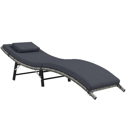 Rattan Folding Sun Lounger with Padded Cushion and Pillow - Grey