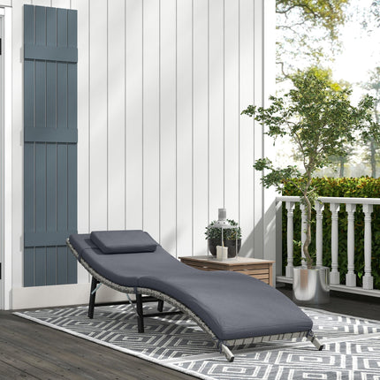 Rattan Folding Sun Lounger with Padded Cushion and Pillow - Grey