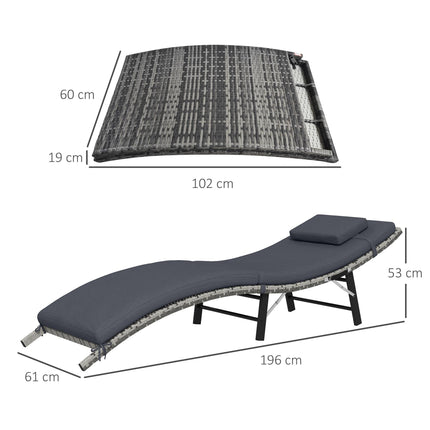 Rattan Folding Sun Lounger with Padded Cushion and Pillow - Grey