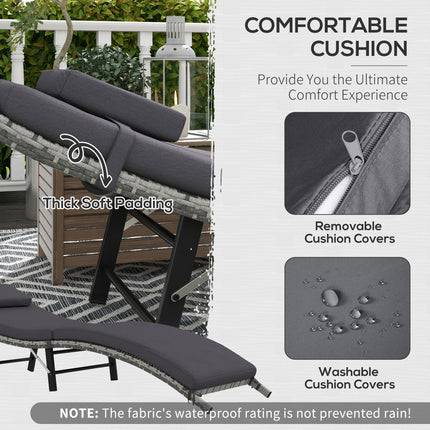 Rattan Folding Sun Lounger with Padded Cushion and Pillow - Grey
