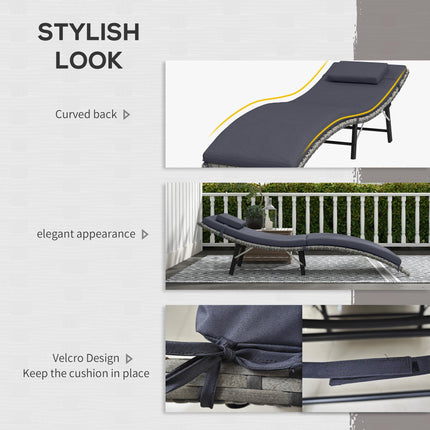 Rattan Folding Sun Lounger with Padded Cushion and Pillow - Grey