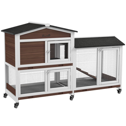 Two-Tier Wooden Pet Hutch with Wheels and Run - Brown