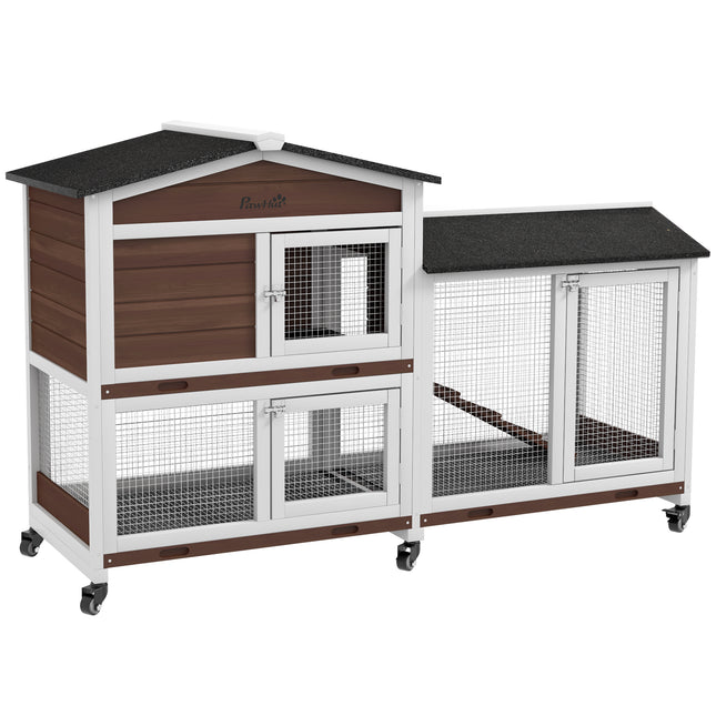 Two-Tier Wooden Pet Hutch with Wheels and Run - Brown