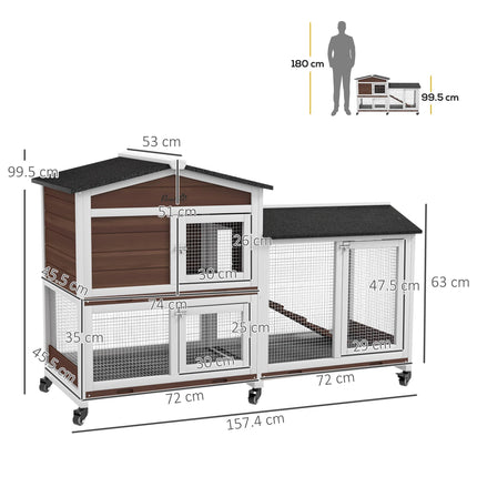 Two-Tier Wooden Pet Hutch with Wheels and Run - Brown