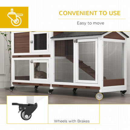 Two-Tier Wooden Pet Hutch with Wheels and Run - Brown