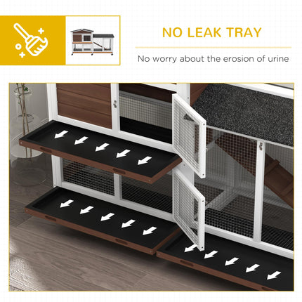 Two-Tier Wooden Pet Hutch with Wheels and Run - Brown