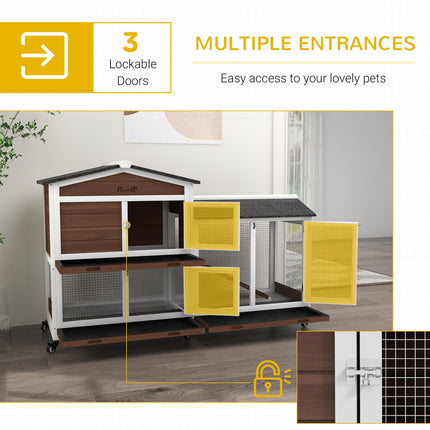 Two-Tier Wooden Pet Hutch with Wheels and Run - Brown