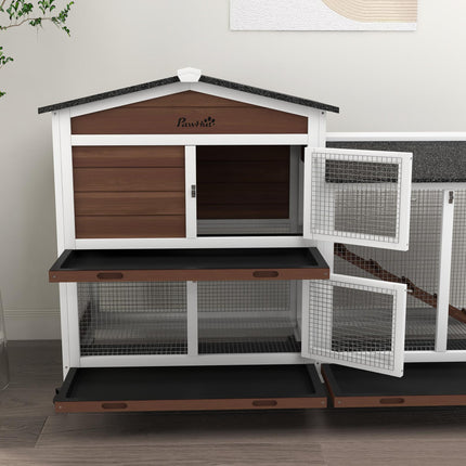 Two-Tier Wooden Pet Hutch with Wheels and Run - Brown