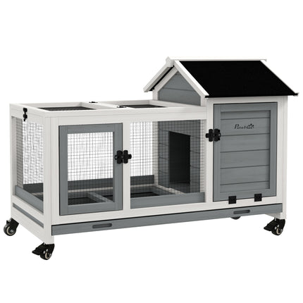 Wooden Rabbit Hutch with Removable Tray and Wheels for Guinea Pigs - Grey