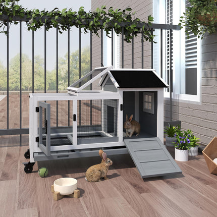 Wooden Rabbit Hutch with Removable Tray and Wheels for Guinea Pigs - Grey