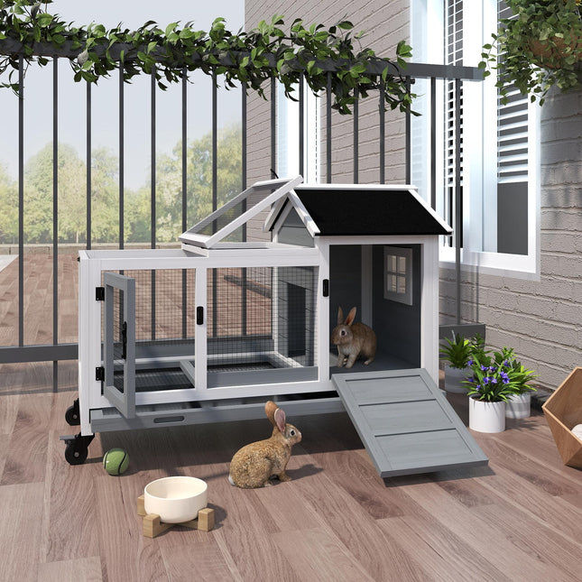 Wooden Rabbit Hutch with Removable Tray and Wheels for Guinea Pigs - Grey