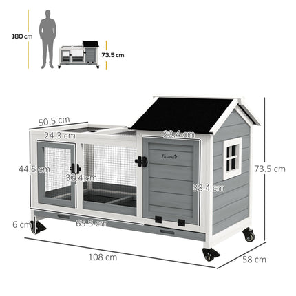 Wooden Rabbit Hutch with Removable Tray and Wheels for Guinea Pigs - Grey