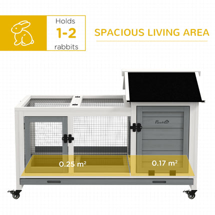 Wooden Rabbit Hutch with Removable Tray and Wheels for Guinea Pigs - Grey