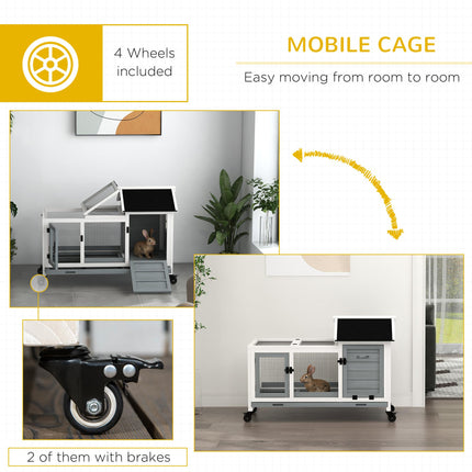 Wooden Rabbit Hutch with Removable Tray and Wheels for Guinea Pigs - Grey