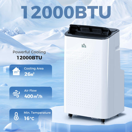 12,000 BTU Mobile Air Conditioner for Rooms up to 26m² with WiFi, Dehumidifier, Fan & 24H Timer - White