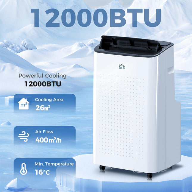 12,000 BTU Mobile Air Conditioner for Rooms up to 26m² with WiFi, Dehumidifier, Fan & 24H Timer - White