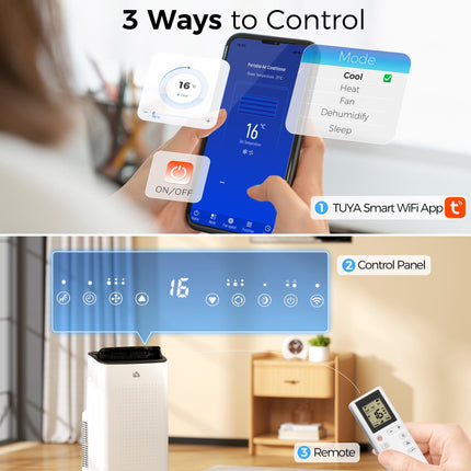 12,000 BTU Mobile Air Conditioner for Rooms up to 26m² with WiFi, Dehumidifier, Fan & 24H Timer - White