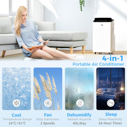 12,000 BTU Mobile Air Conditioner for Rooms up to 26m² with WiFi, Dehumidifier, Fan & 24H Timer - White