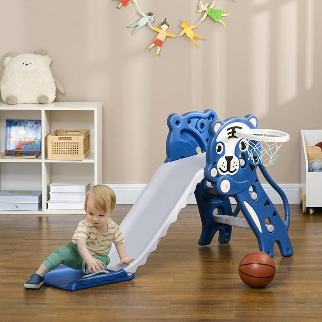 2 in 1 Indoor Baby Slide with Basketball Hoop for Ages 18-36 Months - Blue
