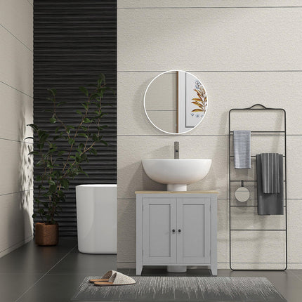 kleankin Under Sink Cabinet, Bathroom Sink Cabinet with 2 Doors, Pedestal Under Sink Design, Freestanding Bathroom Cupboard with Adjustable Shelf, Grey