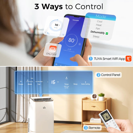 14,000 BTU Mobile Air Conditioner with Heater, Dehumidifier, Fan, WiFi Smart Control & 24H Timer - White