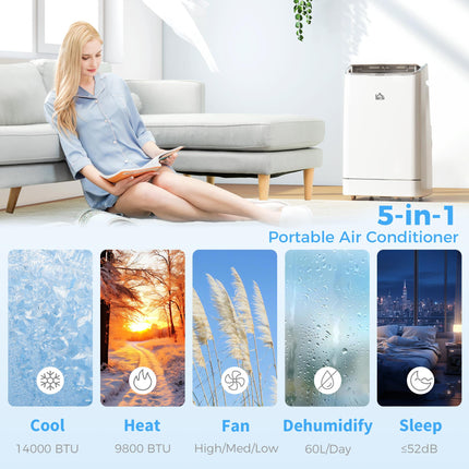 14,000 BTU Mobile Air Conditioner with Heater, Dehumidifier, Fan, WiFi Smart Control & 24H Timer - White