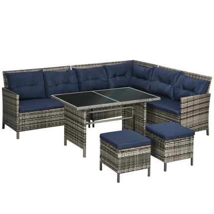 8-Seater Patio Wicker Rattan Sofa Set with Glass Table & Cushions - Dark Blue