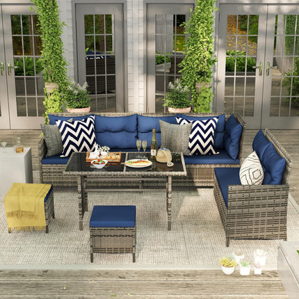 8-Seater Patio Wicker Rattan Sofa Set with Glass Table & Cushions - Dark Blue